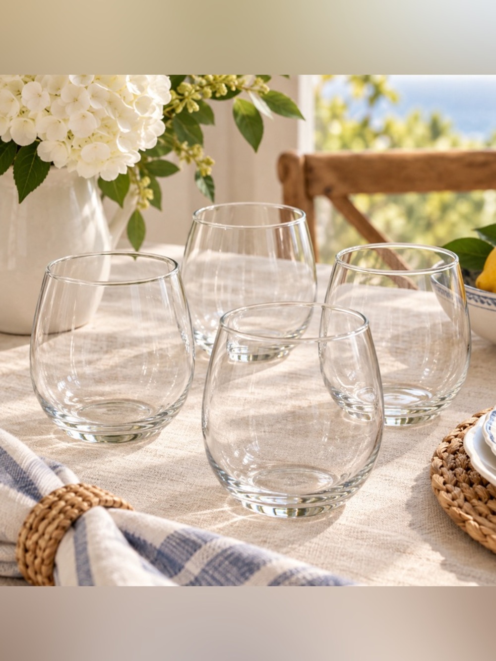 Glass Stemless Wine Glasses Tumblers Set of 4 Modern Coastal Barware